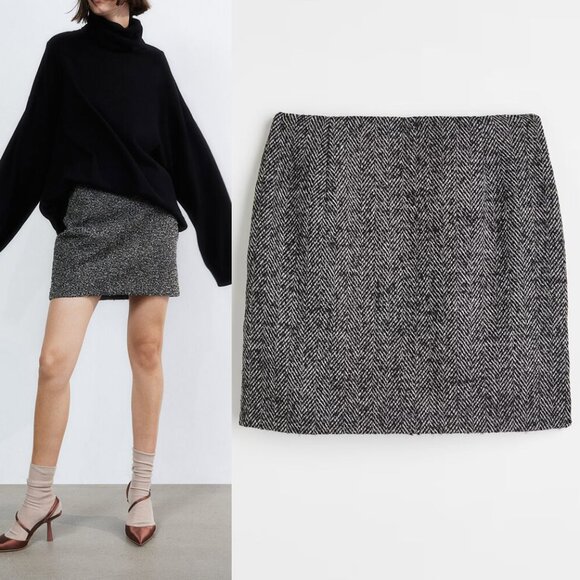 NEW H&M Gray Herringbone Patterned Mini Skirt Size 16 Preppy Minimalist Academia - Picture 1 of 9